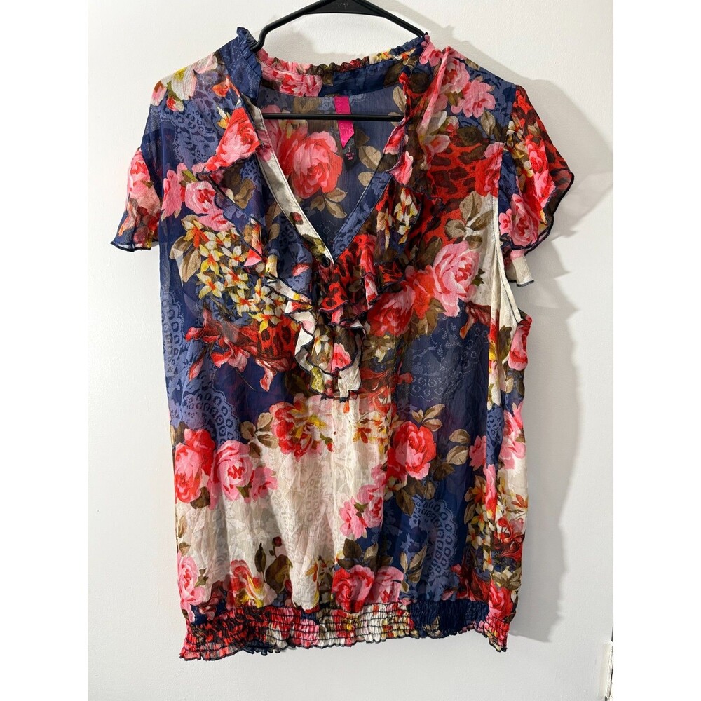 Sheer Floral Cottagecore Women's Plus 2X Roses Navy Top Blouse Grannycore Boho